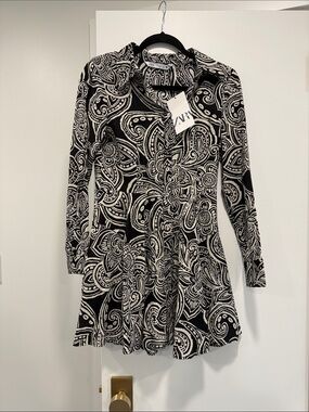 Zara Black and White Paisley Button-Down Tunic Dress